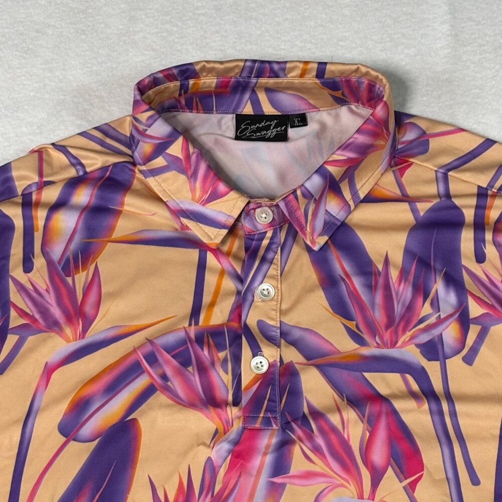Sunday Swagger Polo Shirt Mens XL Tropical/Palm Print Performance Stretch Golf